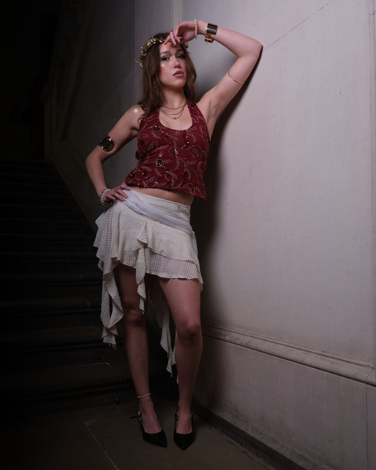 Roux Burgundy Embellished Backless Halterneck Top