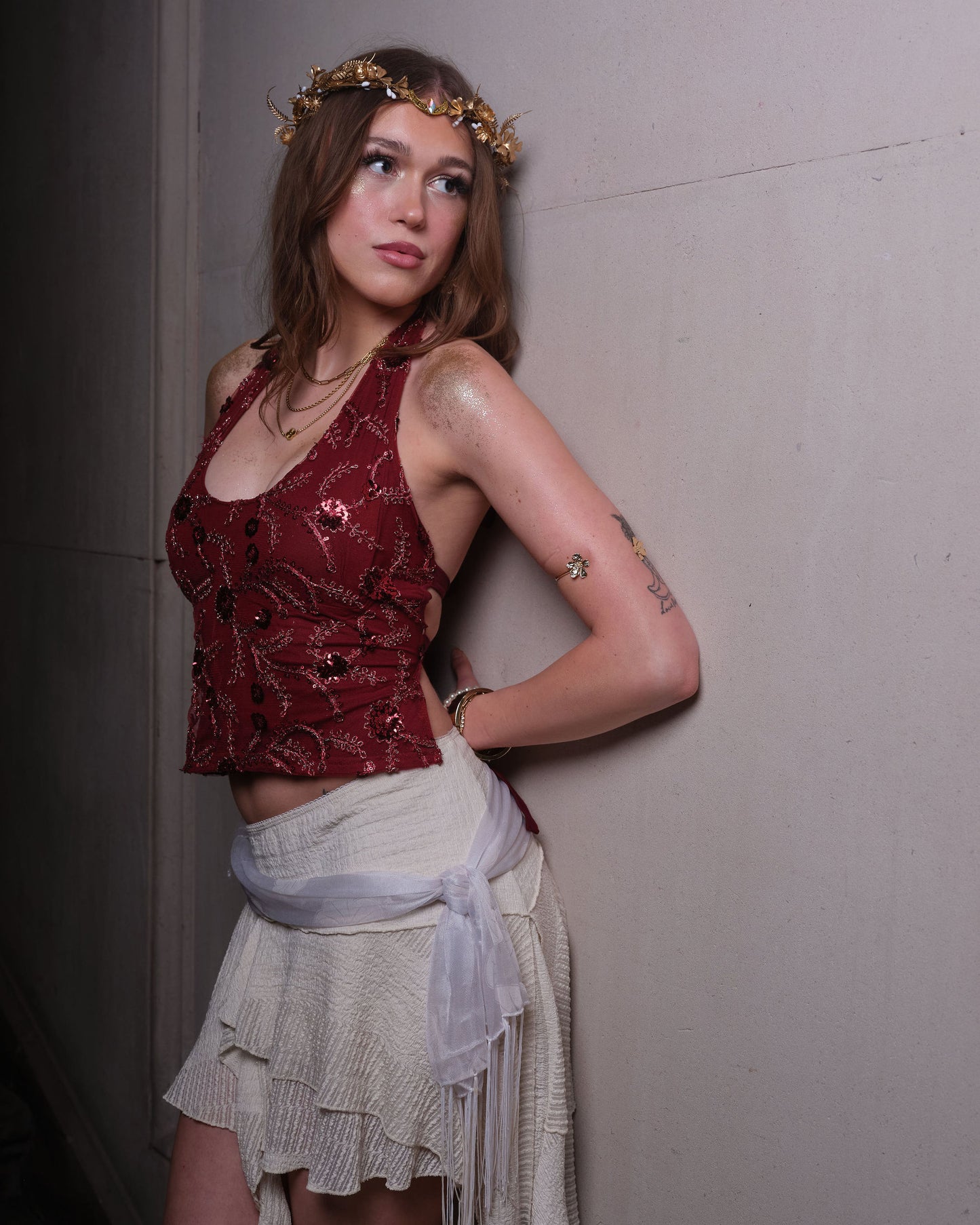 Roux Burgundy Embellished Backless Halterneck Top